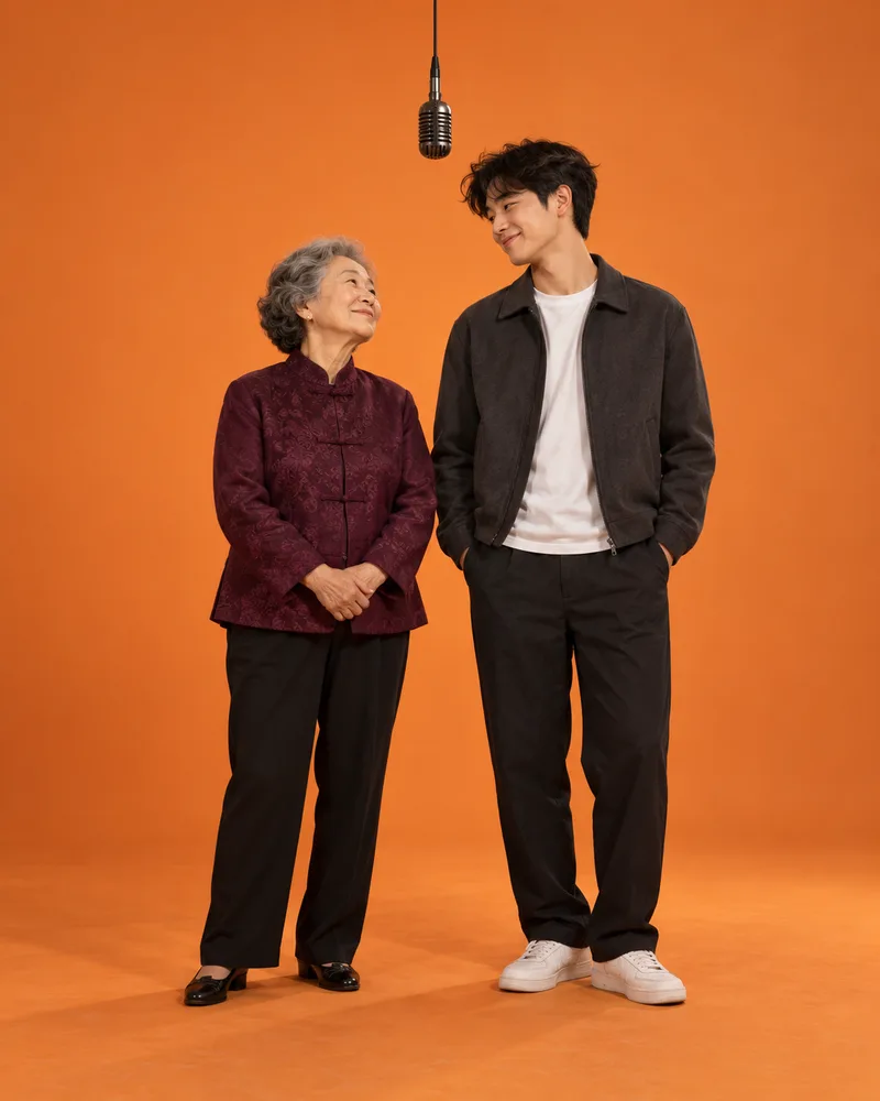 Grandmother and grandson in a Migos AI two-photo video composition