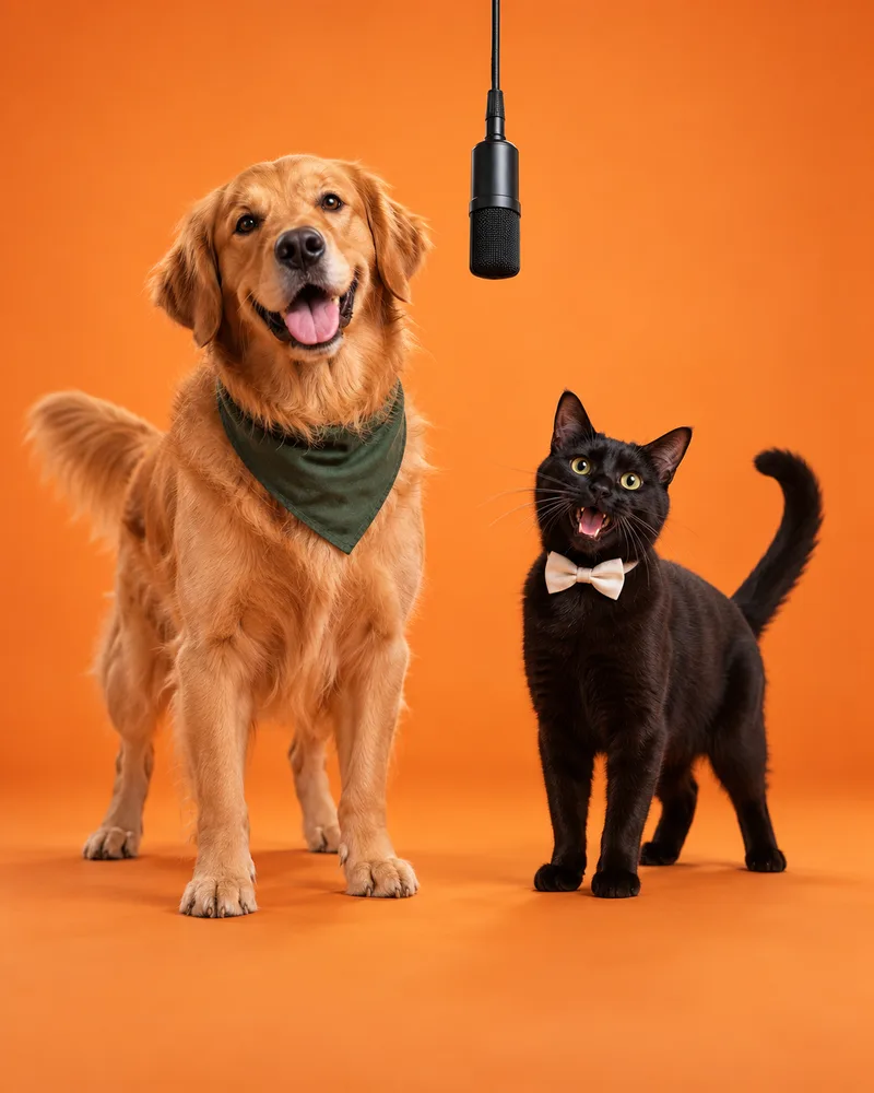 Golden retriever and black cat in a Migos AI orange studio duet