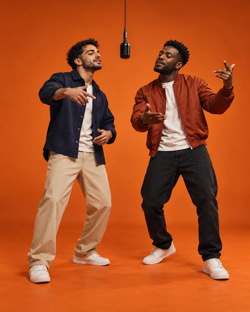 Two fictional friends in a Migos AI two-photo duet result